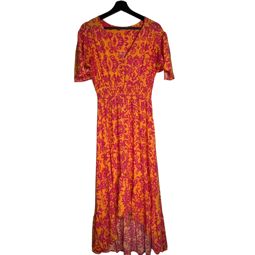 Abel The Label Orange Pink Damask High Low Maxi Dress Womens Medium Rayon Boho